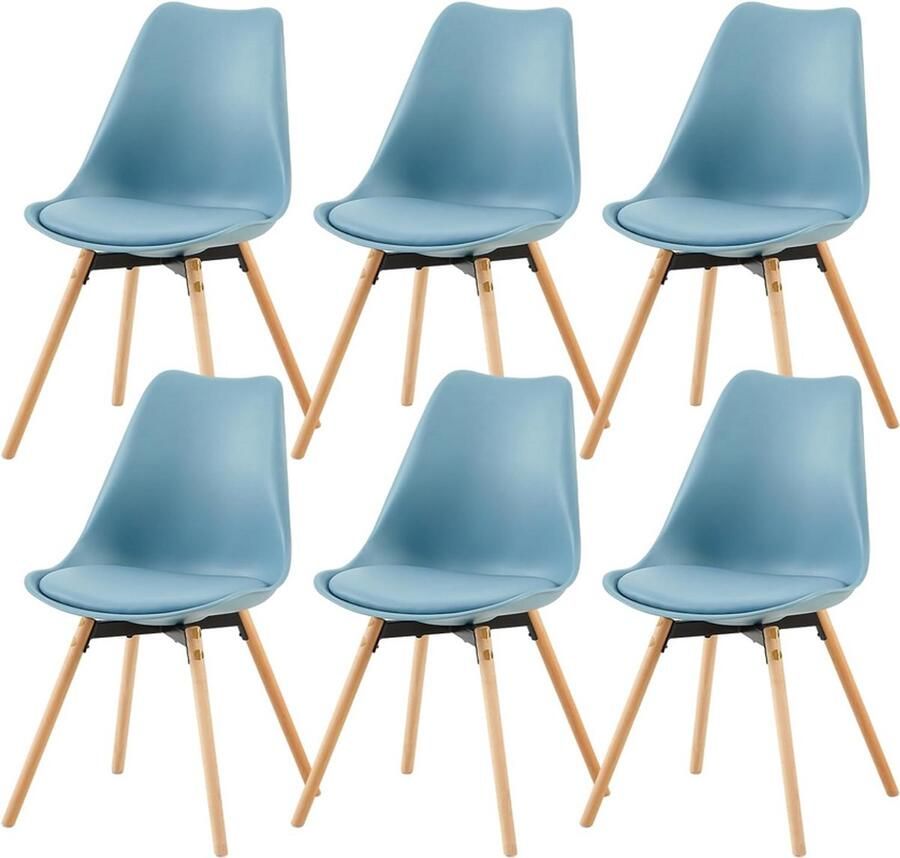 EGGREE Set van 6 eetkamerstoelen gestoffeerde keukenstoelen zitting en rugleuning woonkamerstoel eetkamerstoelen vergaderzaalstoelen met massief hout lichtblauw