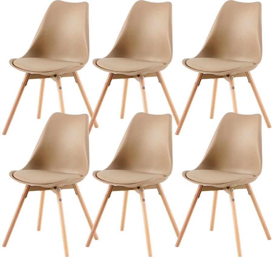 EGGREE Set van 6 eetkamerstoelen keukenstoelen met massief houten poten en gestoffeerde zitting Ergonomisch Scandinavisch design voor keuken vergaderruimte woonkamer en kantoor Khaki