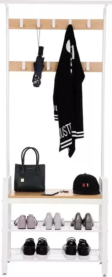 EKEO LIVILO Garderoberek met Kapstok Schoenenrek industrieel Staande 183CM hoog en 72 CM breed Wit