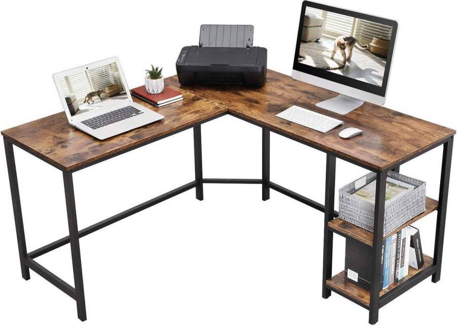 EKEO Premium L-Vormig Hoekbureau met Legplanken Bureau met Vintage Look Zwart Bruin