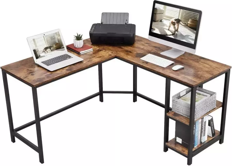 EKEO Premium L-Vormig Hoekbureau met Legplanken Bureau met Vintage Look Zwart Bruin