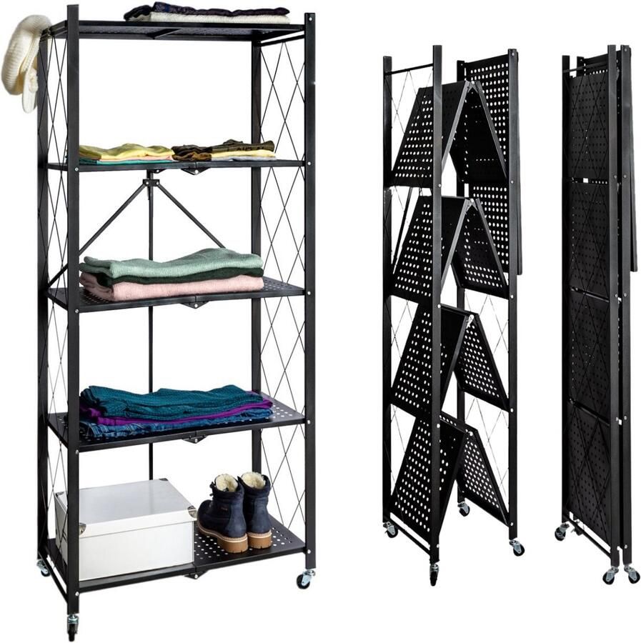 Eleganca Inklapbare Stellingkast 72 x 36 x 162 cm Zwenkwielen Montage in een Handomdraai Keukenkast Plank Kast 5 Laags Wandkast 180 kg Draagkracht Zwart