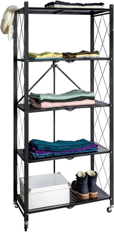 Eleganca Inklapbare Stellingkast 72 x 36 x 162 cm Zwenkwielen Montage in een Handomdraai Keukenkast Plank Kast 5 Laags Wandkast 180 kg Draagkracht Zwart - Foto 2