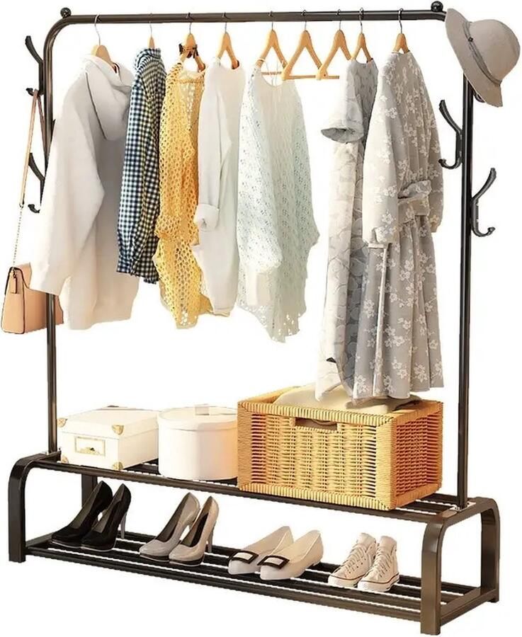 Eleganca Kledingrek zwart – H150 x B110 x D40 cm – Garderoberek – Dressboy Kledingrek metaal Voor Kleding Schoenen en Accessoires 1 Kledingstang met 2 Planken en 8 Haken – Stevige kledingrekken