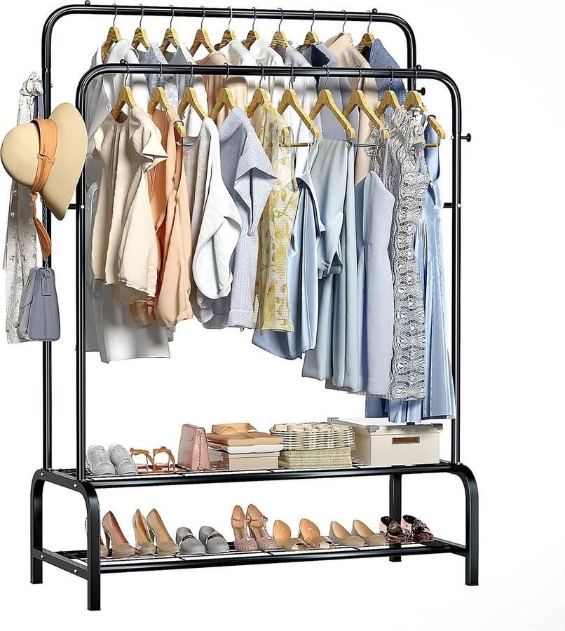 Eleganca Kledingrek – H157 x B110 x D56 cm – Garderoberek – Dressboy Organiseren – Ruimtebesparend Stijlvol en Functioneel voor Kleding Schoenen en Accessoires 2 Kledingstangen met 2 Planken en 4 Haken Schoenenrekken – Metaal Zwart