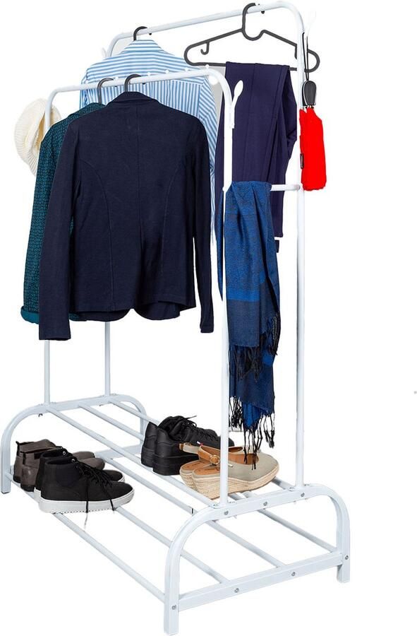 Eleganca Kledingrek – Garderoberek – Dressboy Organiseren – Ruimtebesparend – H157 x B110 x D56 cm Stijlvol en Functioneel voor Kleding Schoenen en Accessoires 2 Kledingstangen met 2 Planken en 4 Haken Schoenenrekken – Metaal Wit