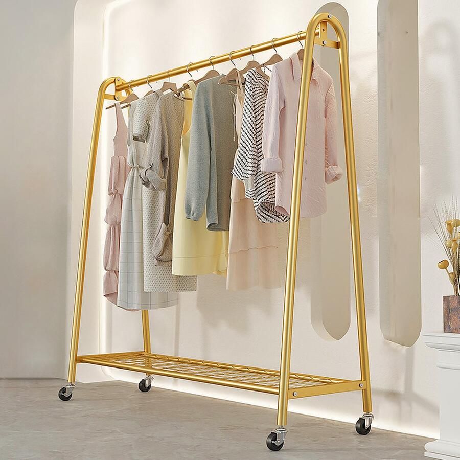 Eleganca Kledingrek XL H158 x B120 x D40 cm Garderoberek op Wieltjes Dressboy Kledingstang Kledingrek met Schoenenplank Metaal Goud