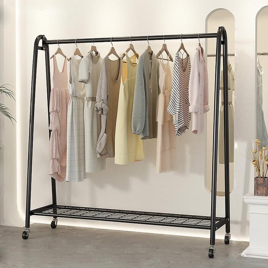 Eleganca Kledingrek op wieltjes H158 x B150 x D40 cm Kledingstang Dressboy Kledingrek metaal Garderoberek Stevig Zwart