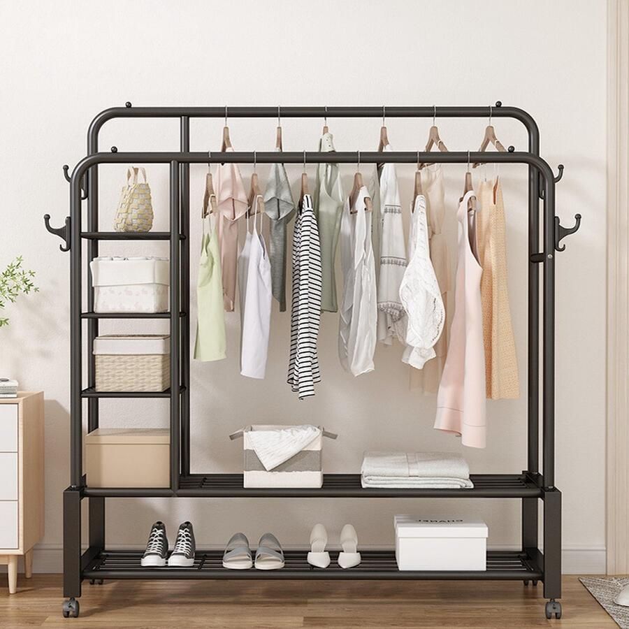 Eleganca Kledingrek XL H162 x B150 x D50 cm Kledingstang Dressboy Eenvoudig Kleding Ophangen Garderoberek met ophanghaken Kledingrek dubbel Metaal Zwart - Foto 2