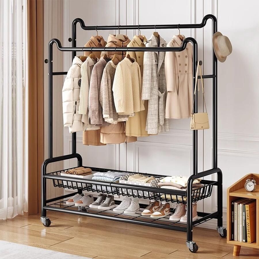 Eleganca Kledingrek XXL H170 x B150 x D45 cm Garderoberek op Wieltjes Dressboy Kledingstang Kledingrek met Schoenenplank Garderoberek met Ophanghaken Kledingrek dubbel Metaal Zwart