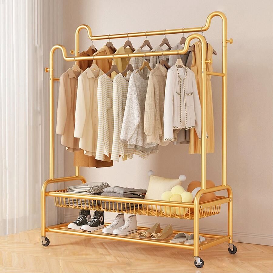 Eleganca Kledingrek XXL op wieltjes H170 x B150 x D45 cm Kledingrekken Dressboy Kledingrek metaal Garderoberek met ophanghaken Kledingrek dubbel Stevig Goud