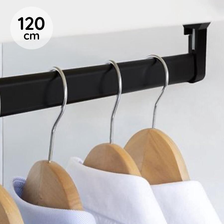 Eleganca Kledingstang – Kledingroede – Stevig Zwart Aluminium – Montage onder plank Duurzame Garderobestang –– Kledingrek – Kleerhanger – Garderobebuis – Inclusief 2 Kastroededragers & 1 midden houder – 120 cm – Zwart