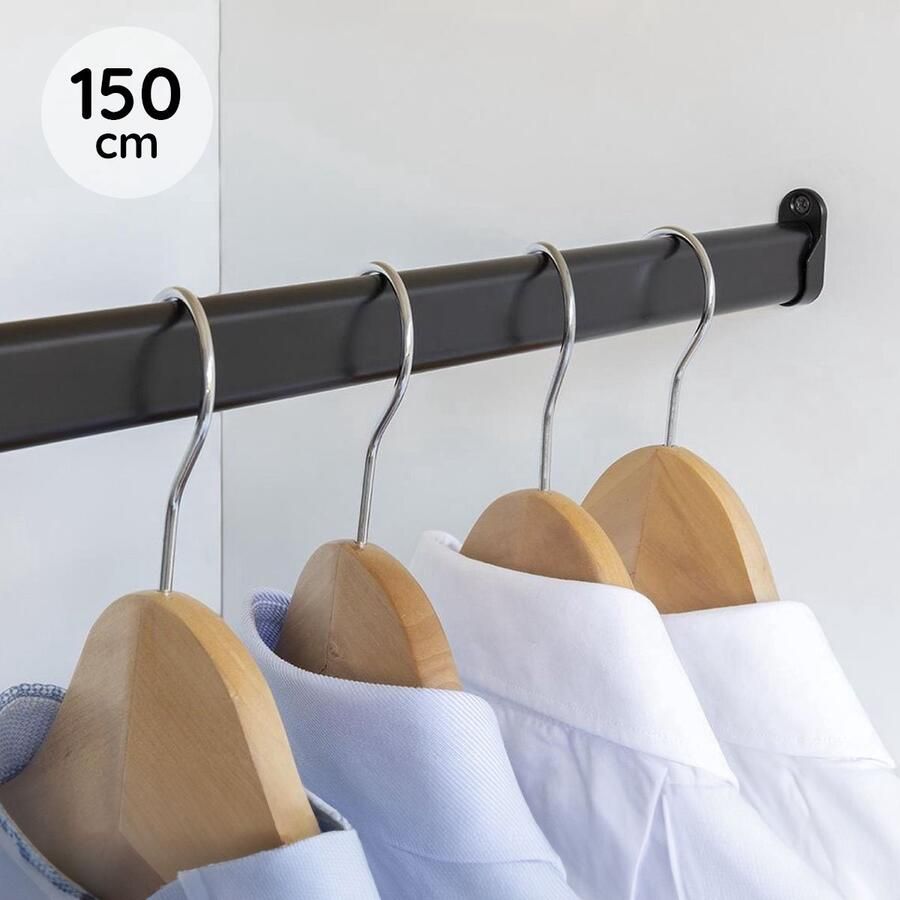 Eleganca Kledingstang 1.5 m – Kledingroede – Stevig Aluminium – Duurzame Garderobestang – Kledingstang – Kledingrek – Kleerhanger – Ophangen van Kleding – Inclusief Kastroededragers en Zwarte Schroeven Afmetingen roededragers H4.5 x B2 cm Zwart