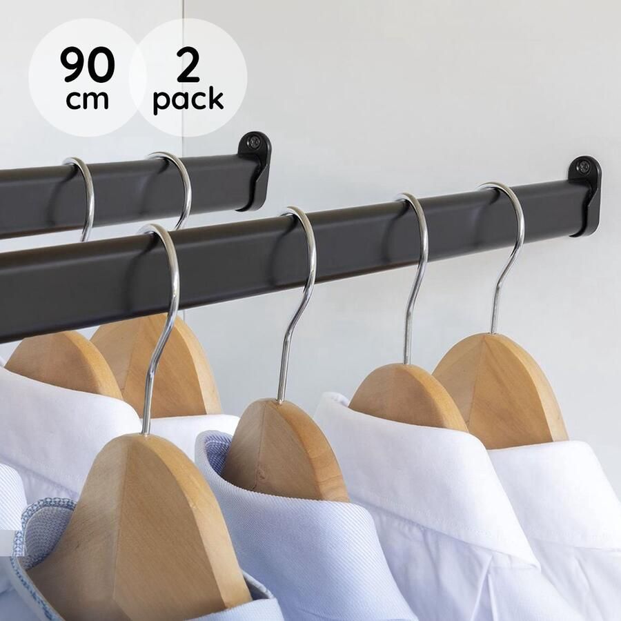 Eleganca Kledingstang 90cm – 2 Pack – Kledingroede – Stevig Aluminium Garderobestang Kledingstang voor aan de muur – Inclusief Kastroededragers en Schroeven Zwart Roestvrij