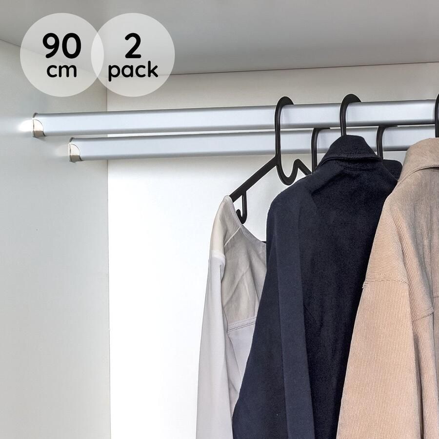 Eleganca Kledingstang 90cm – 2 Pack – Kledingroede – Stevig Aluminium – Garderobestang – Kledingstang voor aan de muur – Inclusief Kastroededragers en schroeven Zilver Roestvrij