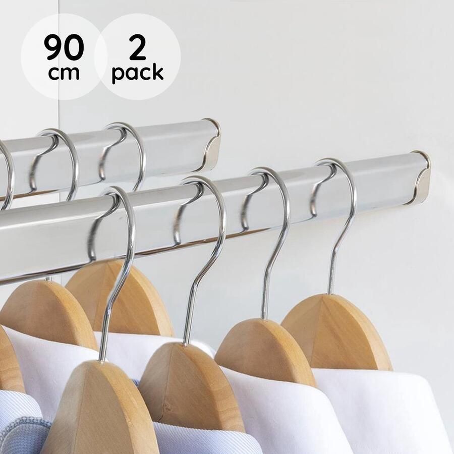 Eleganca Kledingstang 90 cm 2 Pack Kledingroede Extra stevig Garderobestang – Kledingstang voor aan de muur Inclusief kastroededragers en schroeven Chroom