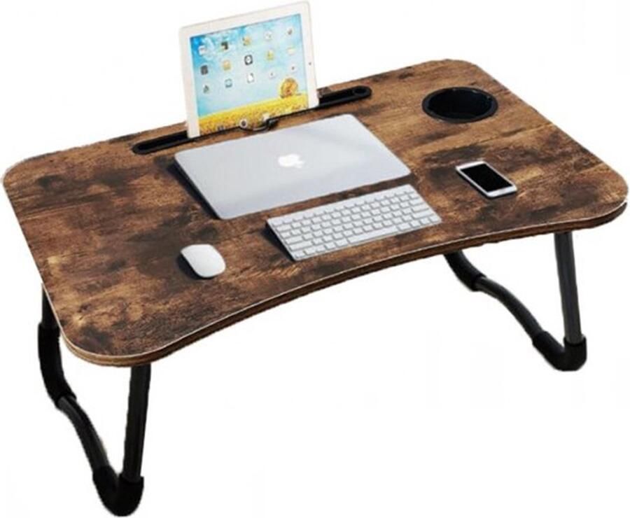 Eleganca Opvouwbare Laptoptafel – Stevige bedtafel – Klaptafel met tablethouder lade en bekerhouder – B60xD40xH27 cm – Vintage