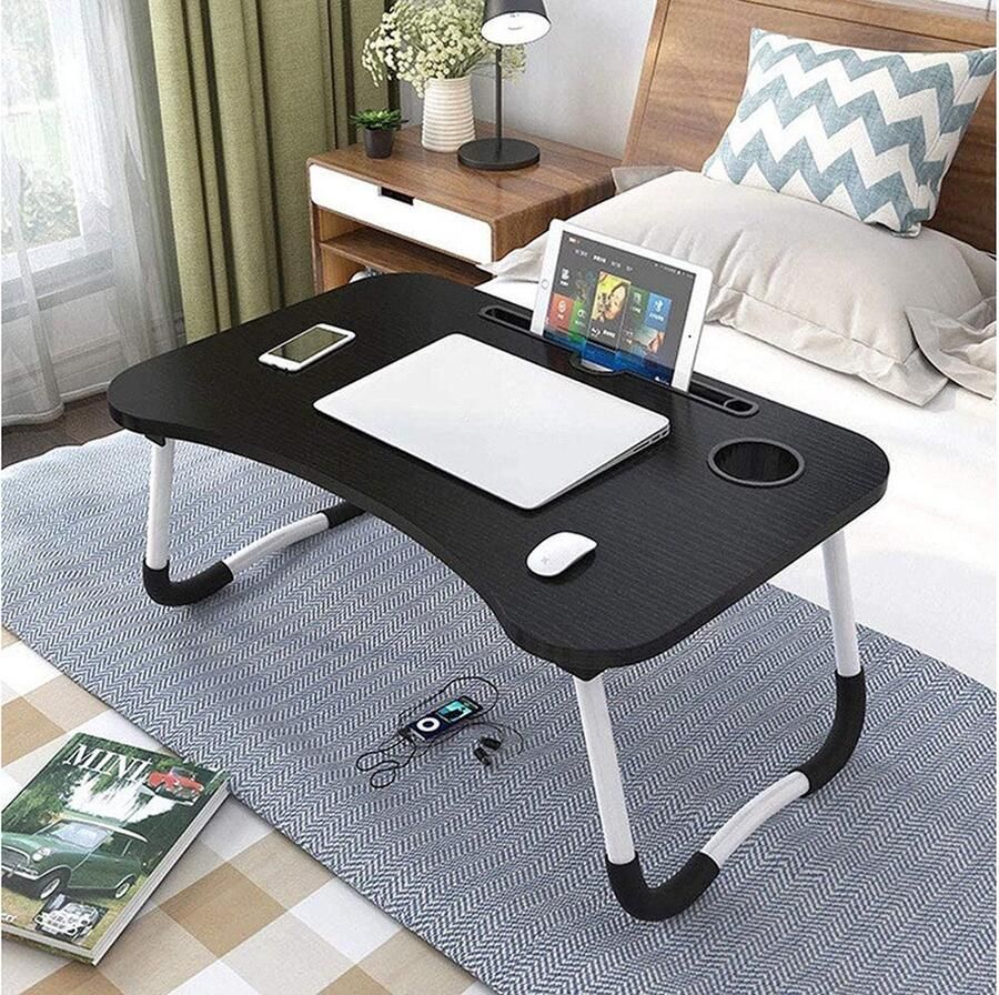 Eleganca Opvouwbare Laptoptafel – Stevige bedtafel – Klaptafel met tablethouder lade en bekerhouder – B60xD40xH27 cm – Bruin Wit Zwart - Foto 3