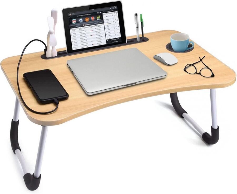 Eleganca Opvouwbare Laptoptafel – Stevige bedtafel – Klaptafel met tablethouder lade en bekerhouder – B60xD40xH27 cm – Lichtbruin Wit Zwart - Foto 2