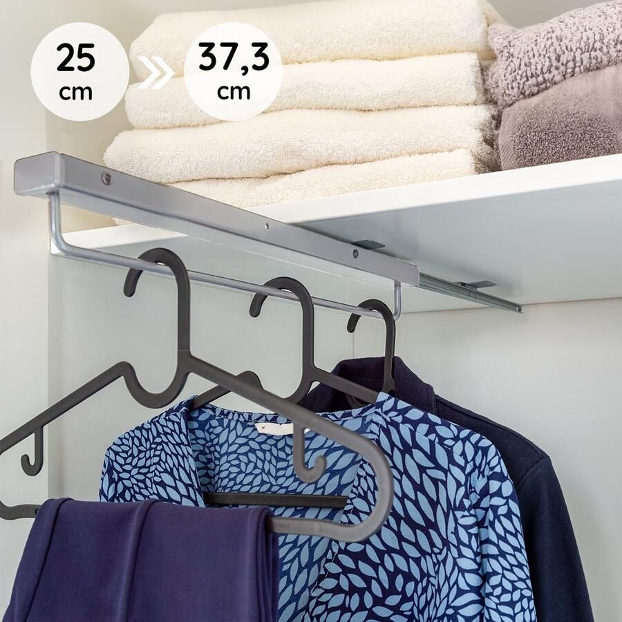 Eleganca uittrekbare Kledingroede – 26 cm inbouwdiepte – Verstelbare Roede Kleding stangen Zilver Garderobestang – 15 kg belastbaar Kledingrek – Luxe Kledingstang 25x6.8x6.4 cm