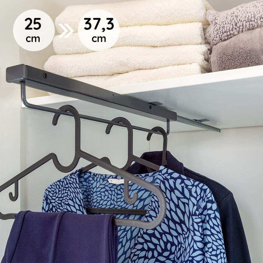 Eleganca uittrekbare Kledingroede – 26 cm inbouwdiepte – 25x6.8x6.4 cm Verstelbare Roede Kleding stangen Antraciete Garderobestang – 15 kg belastbaar Kledingrek – Luxe Kledingstang