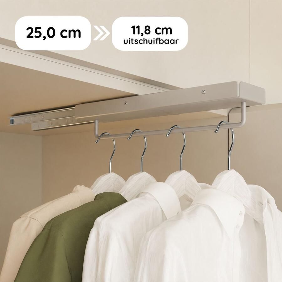 Eleganca uittrekbare Kledingroede – 26 cm inbouwdiepte – 25x6.8x6.4 cm Verstelbare Roede Kleding stangen Zilver Garderobestang – 15 kg belastbaar Kledingrek – Luxe Kledingstang - Foto 3