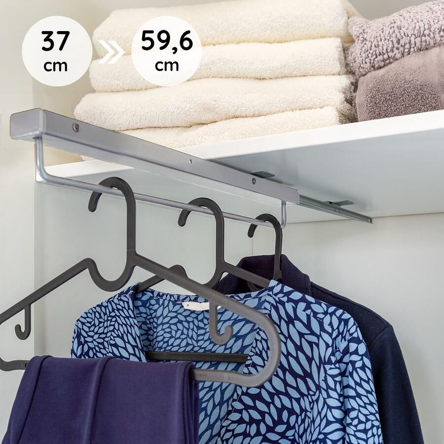 Eleganca uittrekbare Kledingroede – 37 cm inbouwdiepte – Verstelbare Roede Kleding stangen Zilvere champagne Garderobestang – 15 kg belastbaar Kledingrek – Luxe Kledingstang 37x6.5x7cm