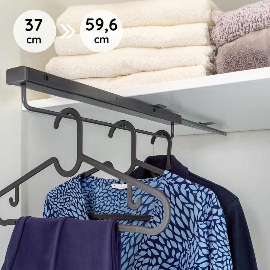 Eleganca uittrekbare Kledingroede – 38 cm inbouwdiepte – 37x6.8x6.4cm Verstelbare Roede Kleding stangen Zwarte Garderobestang – 15 kg belastbaar Kledingrek – Luxe Kledingstang