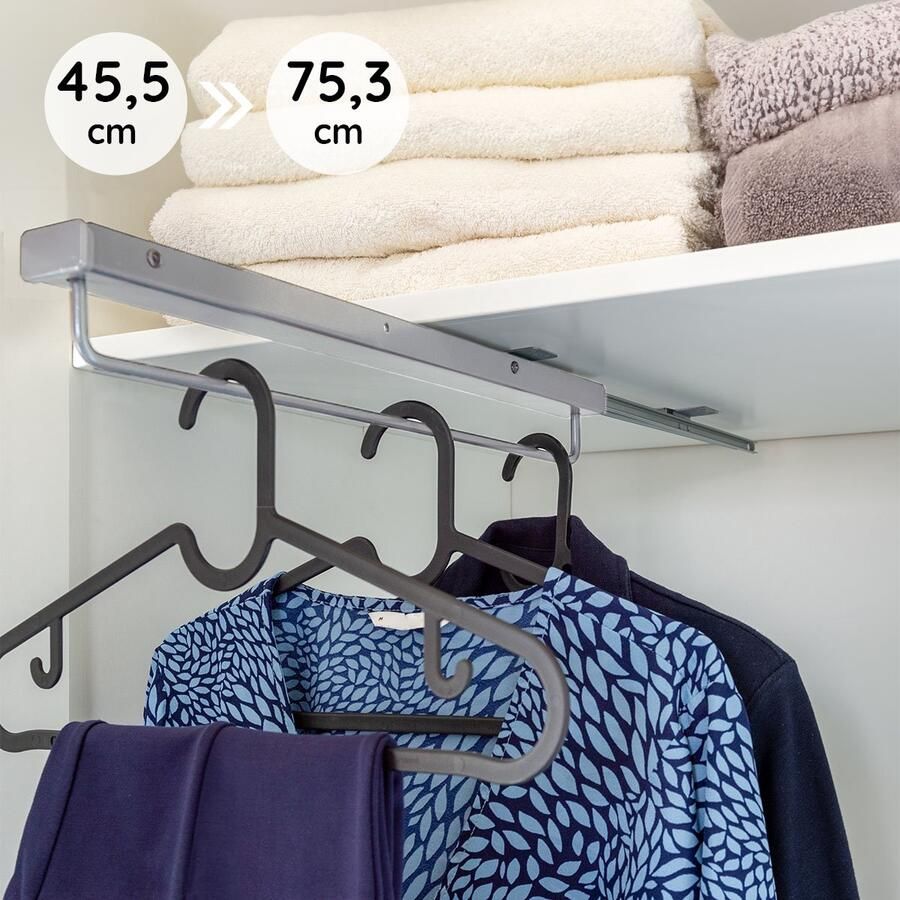 Eleganca uittrekbare Kledingroede – 45 5 cm inbouwdiepte – Verstelbare Roede Kleding stangen Zilvere Garderobestang – 12 kg belastbaar kledingrek – Luxe Kledingstang 45.5x6.8x7.2cm