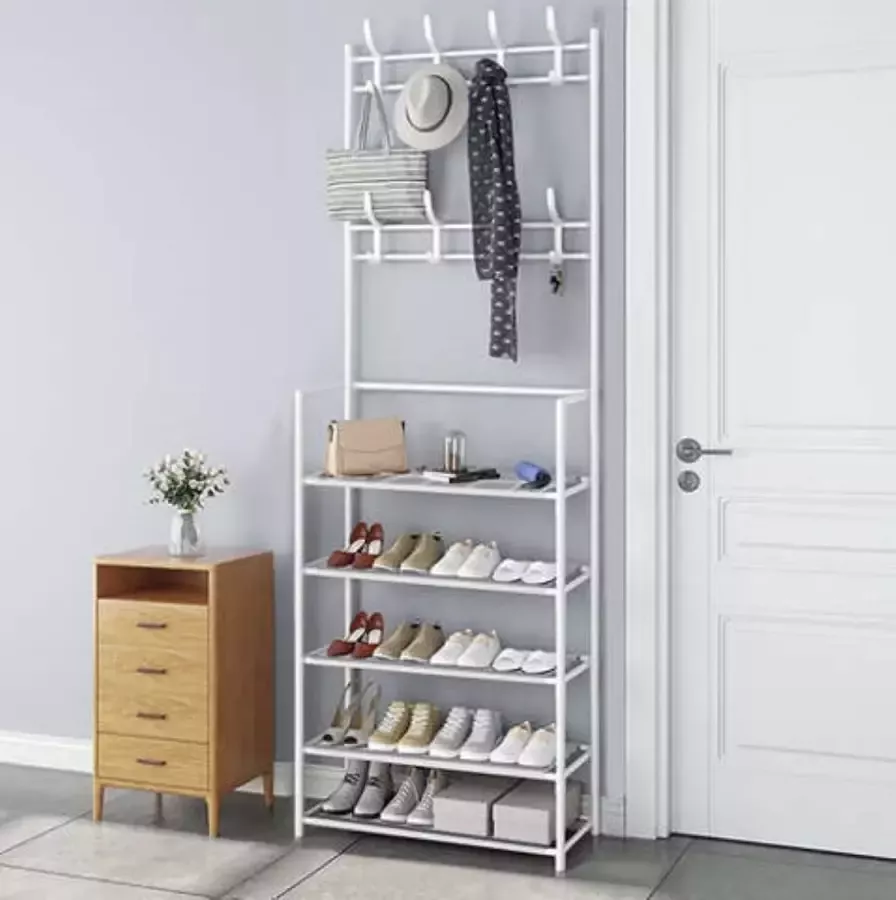 Eleganca Kledingkast – Kledingrek – Klerenrek Kledingrek metaal – Garderoberek – Schoenenrek – Met planken – Ruimtebesparend – Stevig en stabiel – 2 in 1 hangerrek – 5 planken – Metaal 170x79x25cm Wit