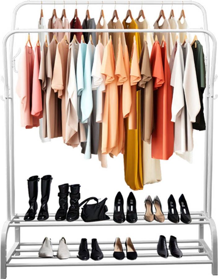 Eleganca Kledingrek XL H148 x B110 x D33 cm Extra groot kledingrek op wielen Kledingstang Dressboy Garderoberek met ophanghaken 8 Ophanghaken en 2 Stangen Metaal Wit