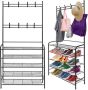 Eleganca Kledingrek met planken – 170 x 79 x 25 cm – Schoenenrek – Garderoberek – Ruimtebesparend – Stevig en stabiel – 2-in-1 hangerrek 5 planken Metaal Zwart - Thumbnail 1