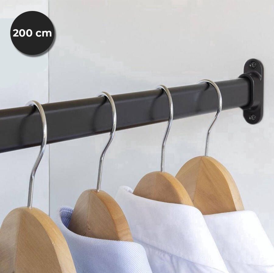 Eleganca Kledingstang 200 cm kledingroede extra sterk zwart aluminium ophangen van kleding inclusief kastroededragers en zwarte schroeven