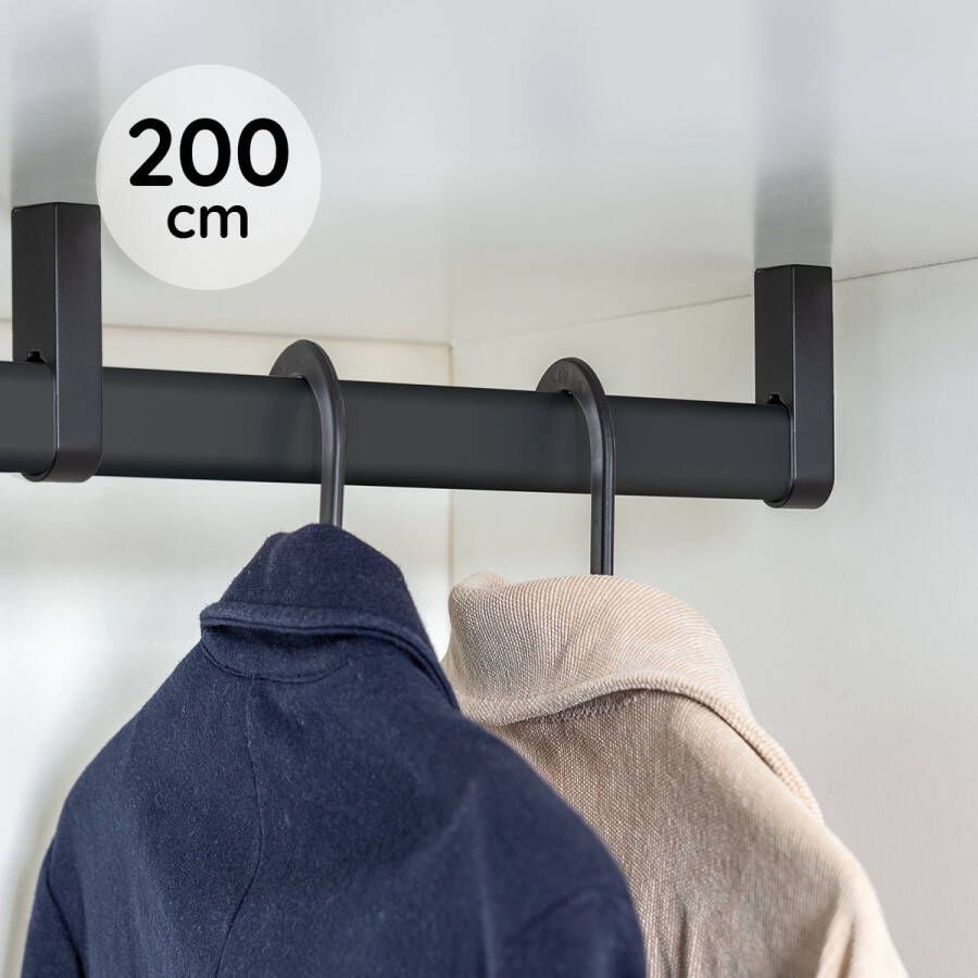 Eleganca kledingstang – Extra zware kleding roede – Montage onder plank – Inclusief 2 extra stevige metalen eindhouders & 1 midden houder – Geschikt voor zware kleding buigt niet door – Metaal 200 cm – Matt Zwart