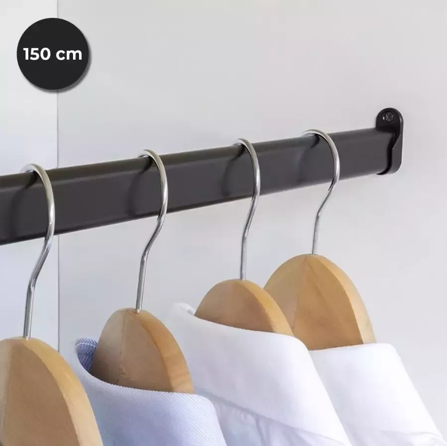 Eleganca Kledingstang 1.5 m – Kledingroede – Stevig Aluminium – Duurzame Garderobestang – Kledingstang – Kledingrek – Kleerhanger – Ophangen van Kleding – Inclusief Kastroededragers en Zwarte Schroeven Afmetingen roededragers H4.5 x B2 cm Zwart - Foto 2