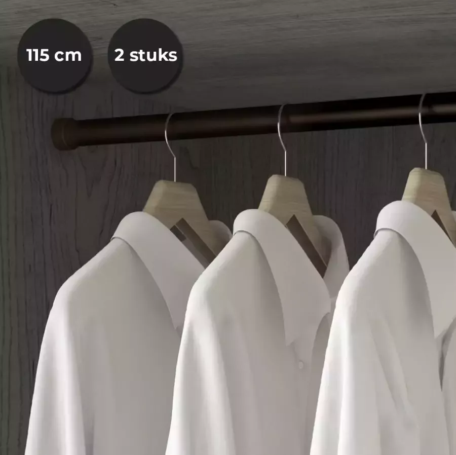 Eleganca luxe mokka gelakt kledingroede set van 2 stuks kledingstang kastbuis extra sterk ophangen van kleding 115cm inclusief kastroededragers ophangbeugels met middenstuk voor extra steun