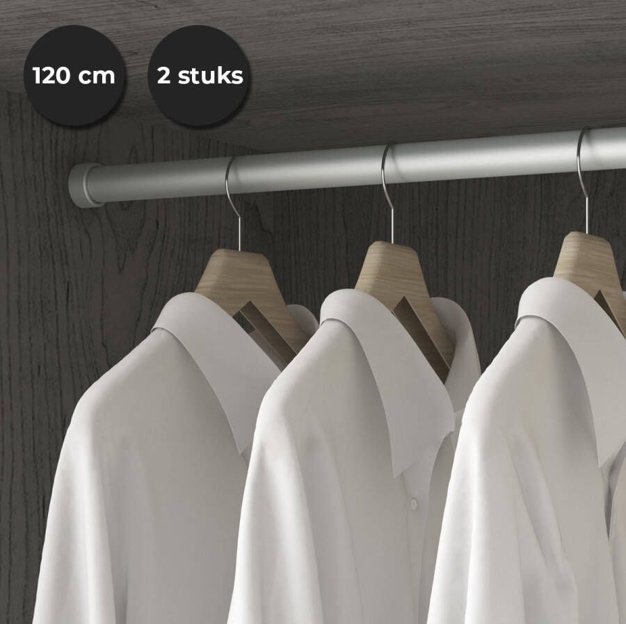 Eleganca luxe zilveren kledingroede set van 2 stuks kledingstang kastbuis extra sterk ophangen van kleding 75cm inclusief kastroededragers ophangbeugels