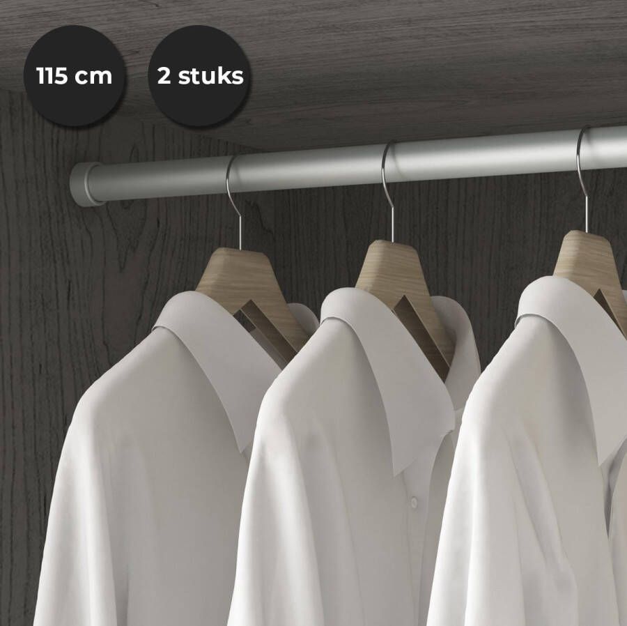 Eleganca luxe zilveren kledingroede set van 2 stuks kledingstang kastbuis extra sterk ophangen van kleding 115cm inclusief kastroededragers ophangbeugels met middenstuk voor extra steun