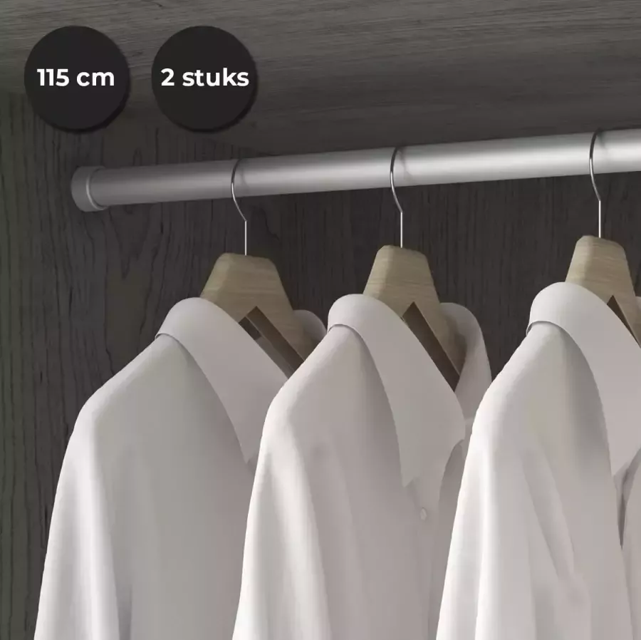 Eleganca luxe zilveren kledingroede set van 2 stuks kledingstang kastbuis extra sterk ophangen van kleding 75cm inclusief kastroededragers ophangbeugels