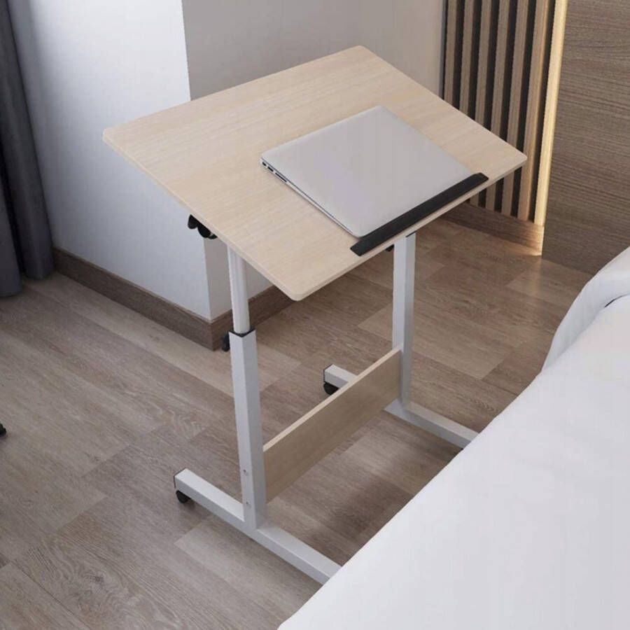 Eleganca Mobiele Bureau Laptoptafel – Bijzettafel op wieltjes In hoogte verstelbaar – Fineerblad – Metalen frame – Hout-look Wit – H66.5-77xB80xD40 cm