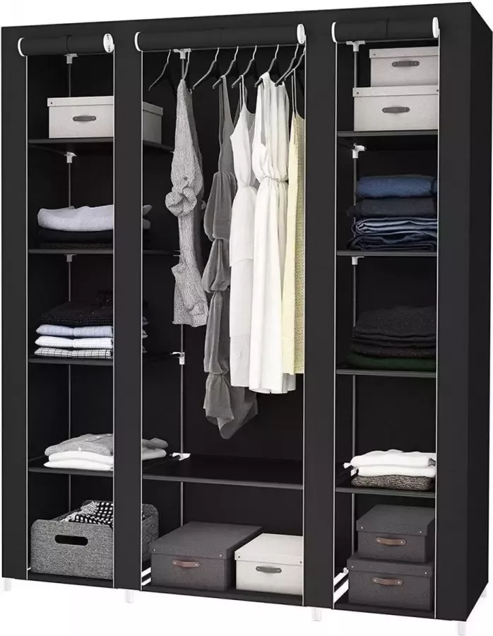 Eleganca Stoffen Kledingkast Kledingrek Zwart 45x150x175cm Kledingkast Opvouwbaar Kledingkast stof Inklapbare kledingkast Garderobe