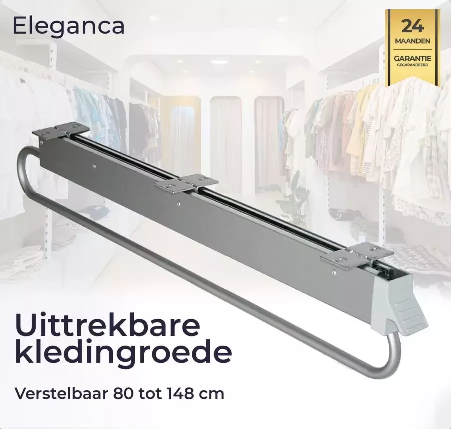 Eleganca uittrekbare kledingroede – 82 cm inbouwdiepte –zilvere garderobestang – 15 kg belastbaar kledingrek – luxe kledingstang 80x5x13.1cm