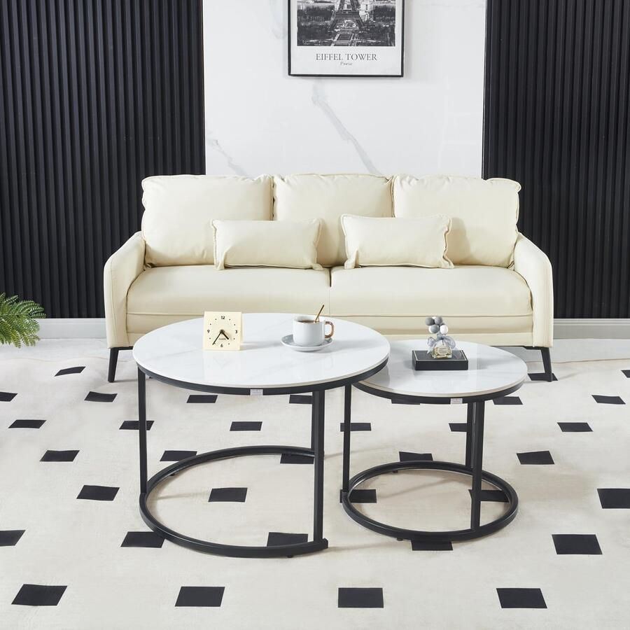 EleganceEssentials Luxe Salontafel Set Wit Hoogglans marmer look Steen & Zwarte Poten Ø70 & Ø50cm Marmerlook Ronde salontafel Bijzettafel Sterk & Stijlvol Salontafel zwart