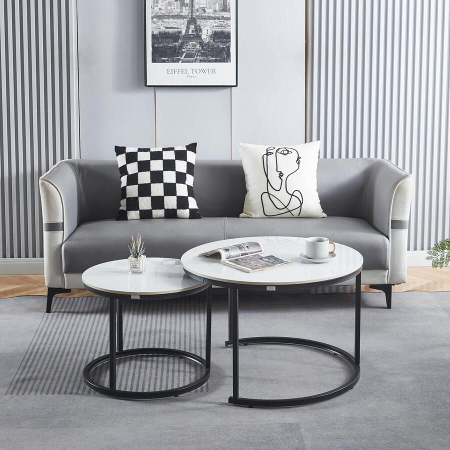 EleganceEssentials Luxe Salontafel Set Wit Hoogglans marmer look Steen & Zwarte Poten Ø70 & Ø50cm Marmerlook Ronde salontafel Bijzettafel Sterk & Stijlvol Salontafel zwart - Foto 2