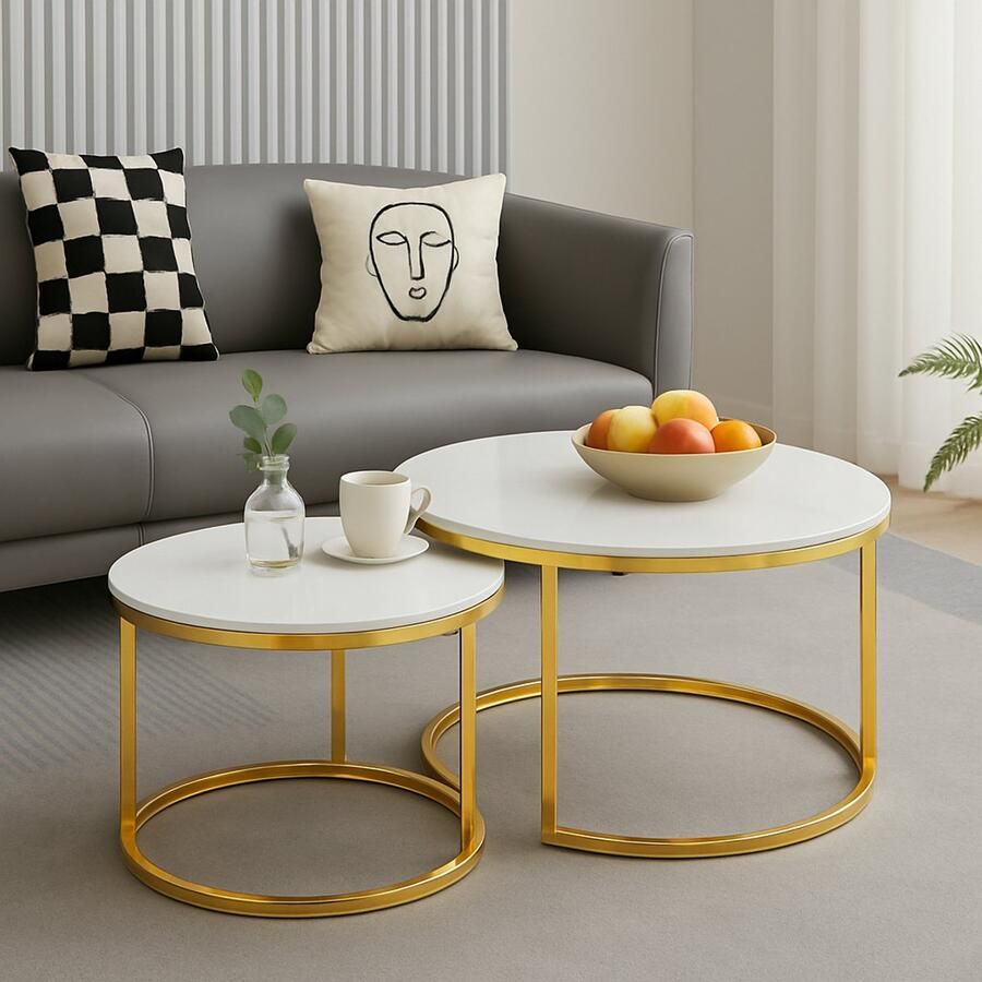 EleganceEssentials – Ronde salontafels set van 2 – Ronde Salontafel Ø70 & Ø50 cm – Wit Marmerlook Steen Blad – Gouden Glazend Metalen Poten Bijzettafel Salontafel wit - Foto 2