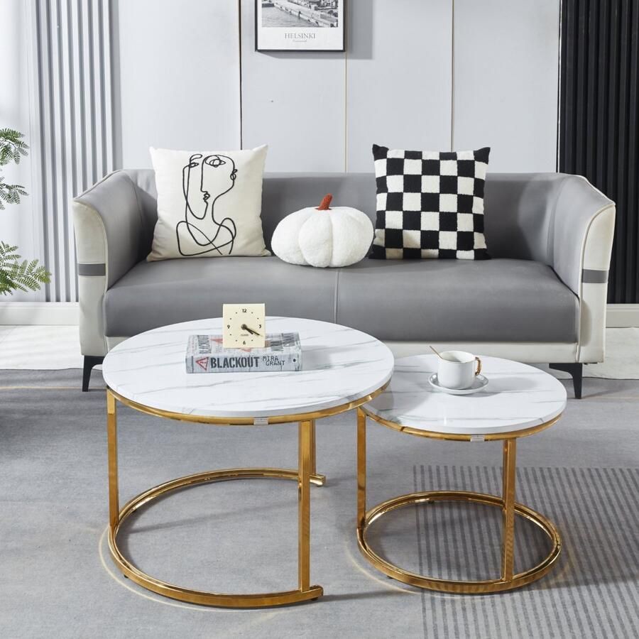EleganceEssentials Salontafel High gloss poten Ronde Salontafels Wit Marmer set van 2 – Bijzettafel Glans Goud – Salontafel Rond MDF Marmerlook Ø70 & Ø50cm