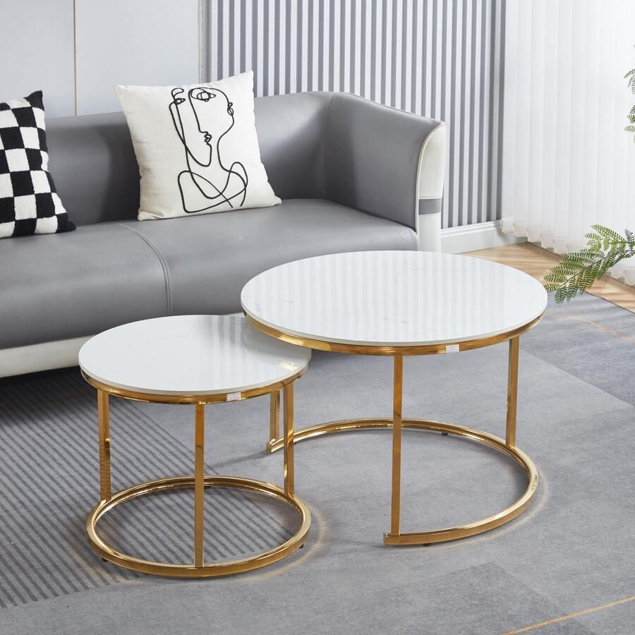 EleganceEssentials – Ronde salontafels set van 2 – Ronde Salontafel Ø70 & Ø50 cm – Wit Marmerlook Steen Blad – Gouden Glazend Metalen Poten Bijzettafel Salontafel wit
