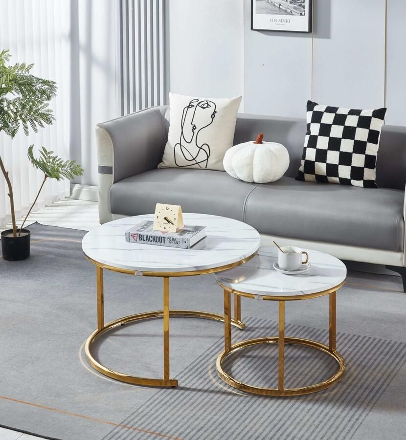 EleganceEssentials Salontafel High gloss poten Ronde Salontafels Wit Marmer set van 2 – Bijzettafel Glans Goud – Salontafel Rond MDF Marmerlook Ø70 & Ø50cm - Foto 2