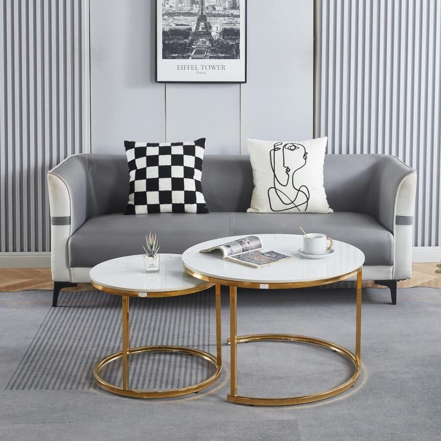 EleganceEssentials – Ronde salontafels set van 2 – Ronde Salontafel Ø70 & Ø50 cm – Wit Marmerlook Steen Blad – Gouden Glazend Metalen Poten Bijzettafel Salontafel wit - Foto 3