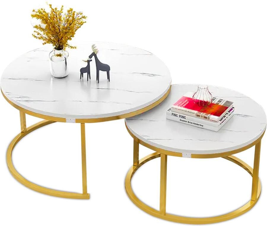 EleganceEssentials Salontafel High gloss poten Ronde Salontafels Wit Marmer set van 2 – Bijzettafel Glans Goud – Salontafel Rond MDF Marmerlook Ø70 & Ø50cm - Foto 3